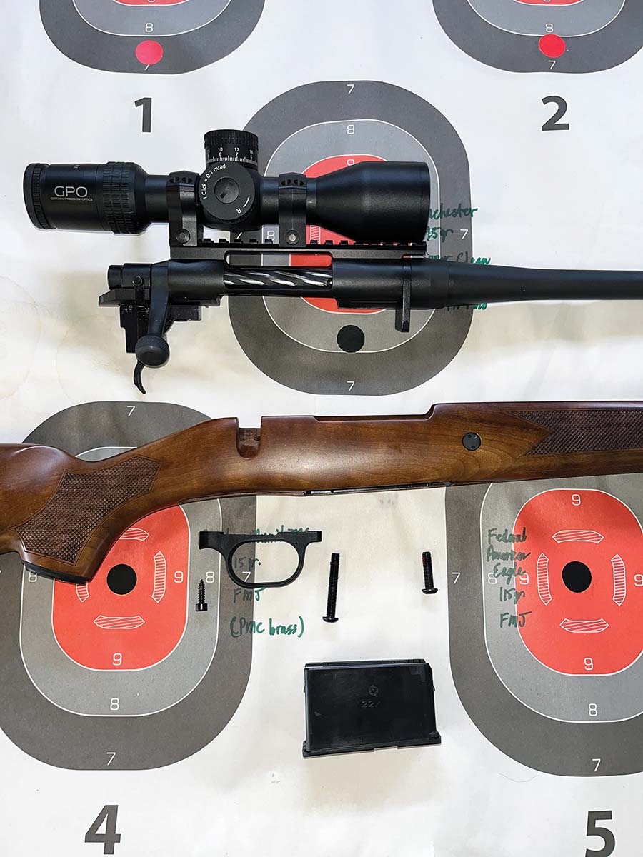 The Mossberg Patriot Walnut has been taken down to its major parts. Several cost-saving measures were included in its design, but the final product is solid and reliable.